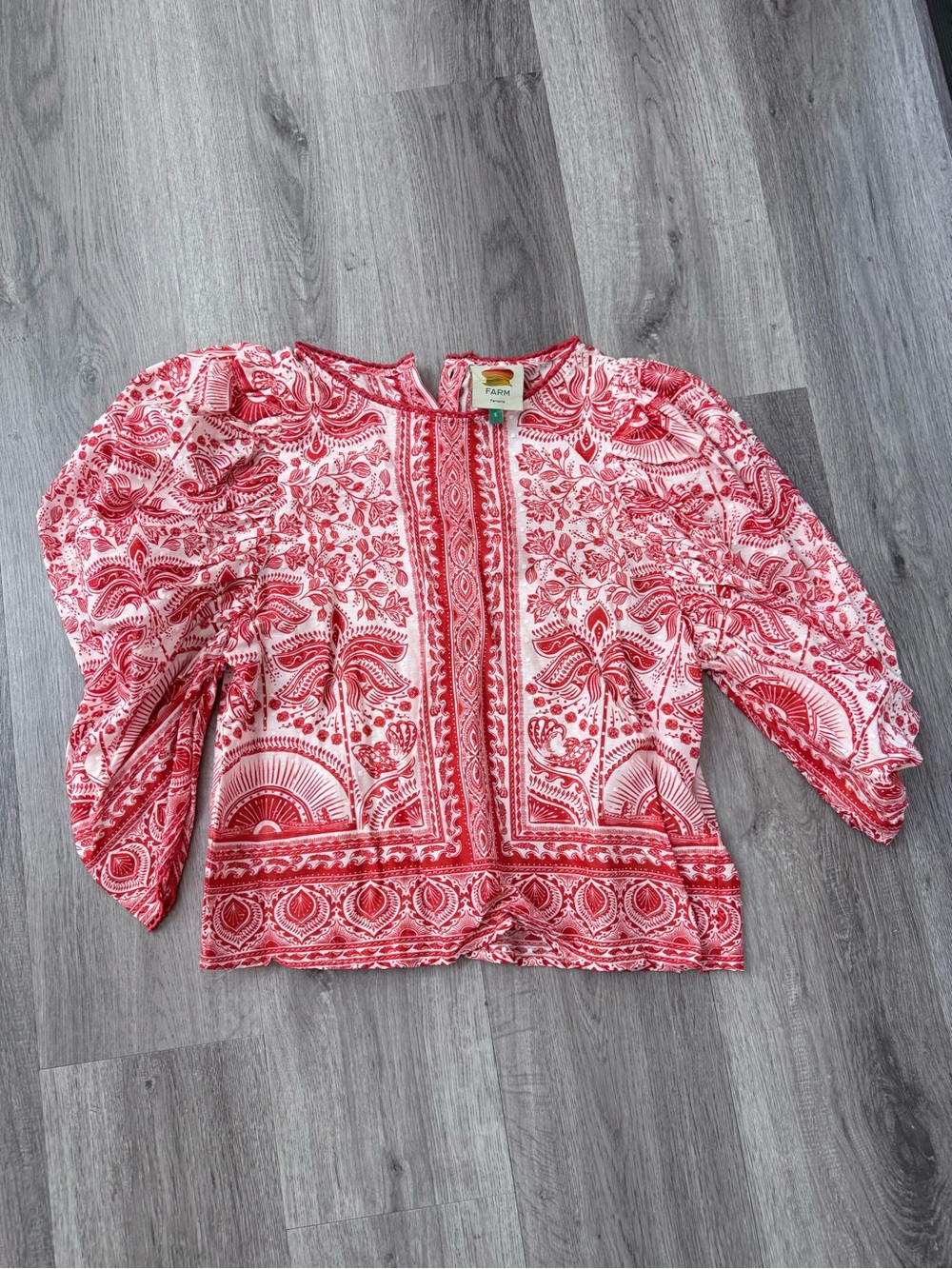 FARM Rio Red and White Printed Puff-Sleeve Blouse